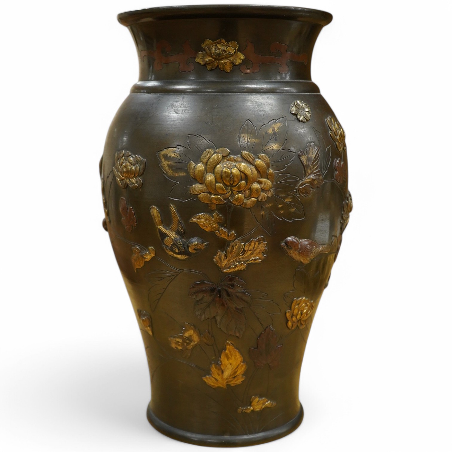 A Japanese bronze and mixed metal vase, Meiji period, 25cm. Condition - fair to good
